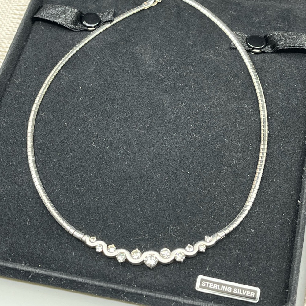 Vintage Sterling Silver CI 925 Channeled CZ Omega Collar Necklace – 16” - Picture 16 of 17